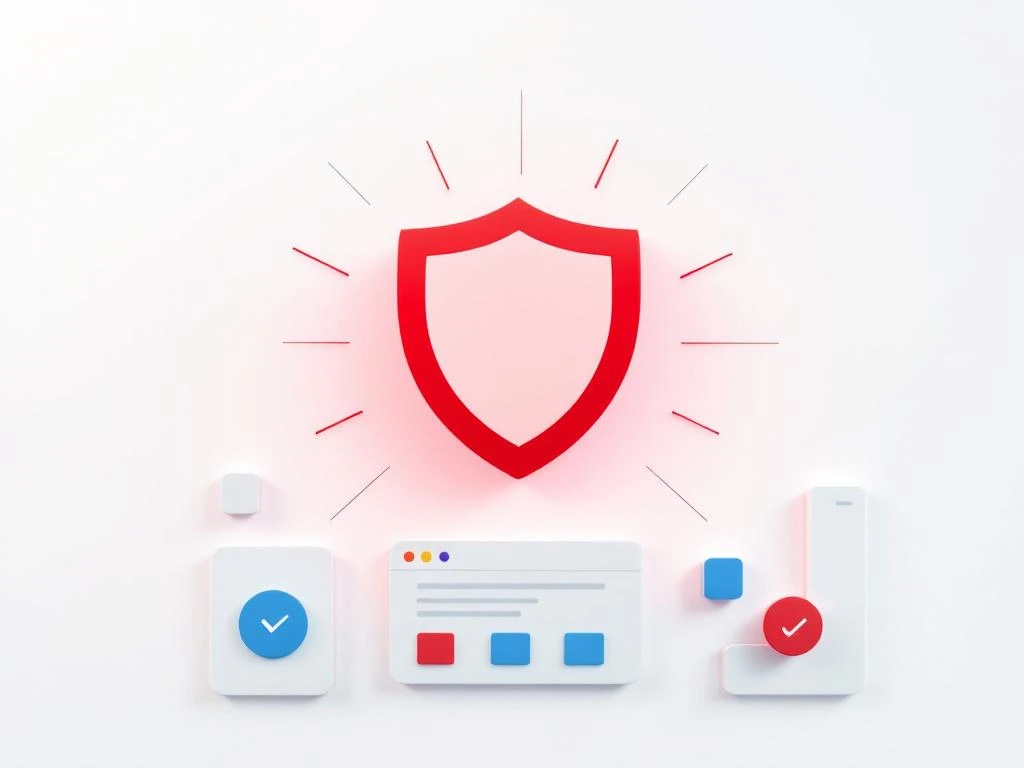 Rotes Warnschildsymbol mit symmetrisch angeordneten digitalen Werbeelementen auf weißem Hintergrund