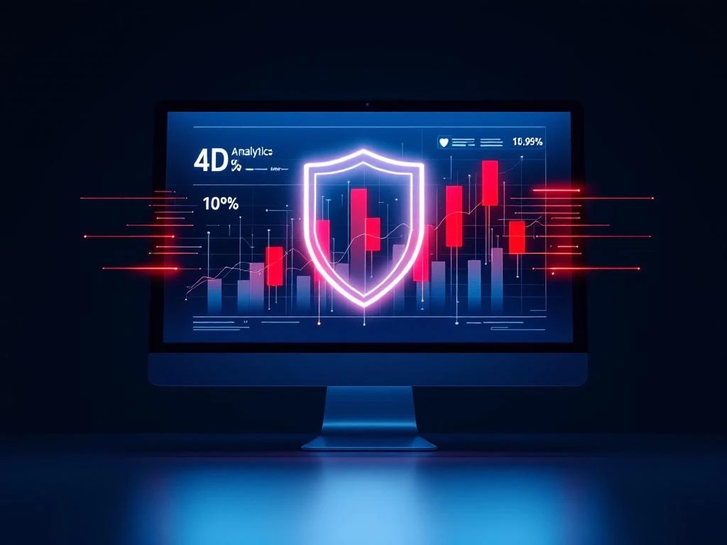 Computer-Bildschirm zeigt Analytics mit verdächtigen Klickmustern in Rot, Schutzschild blockiert Datenströme
