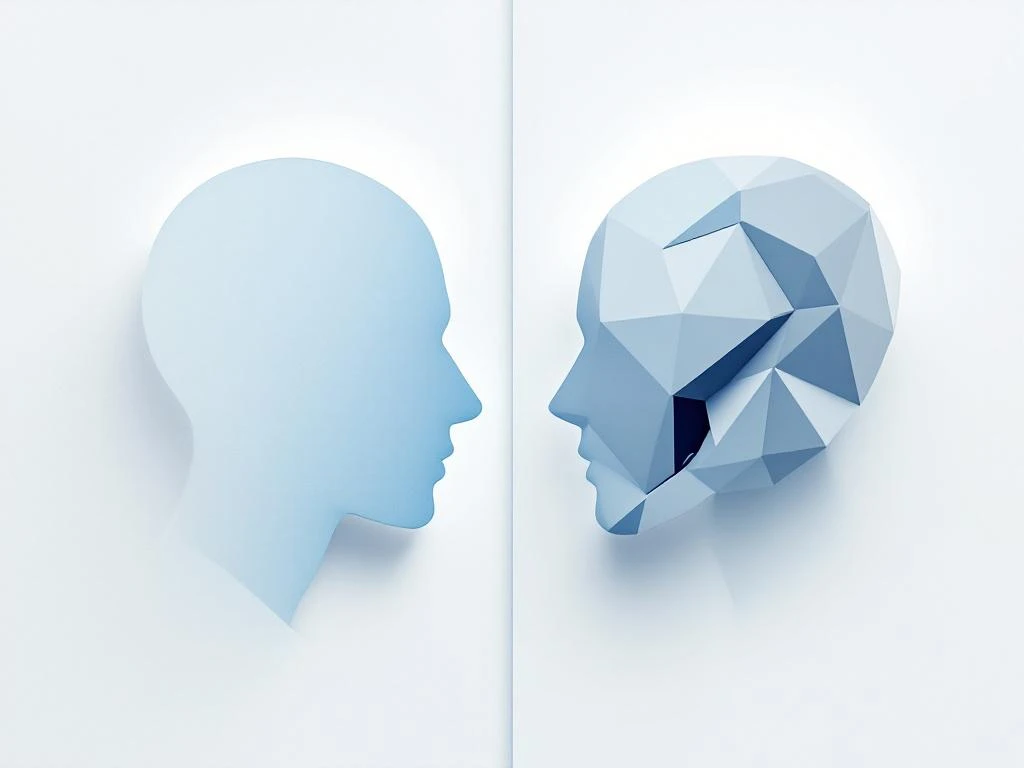 Aufgeteilte Darstellung mit blauer menschlicher Silhouette links und grauen geometrischen Bot-Formen rechts auf weißem Hintergrund