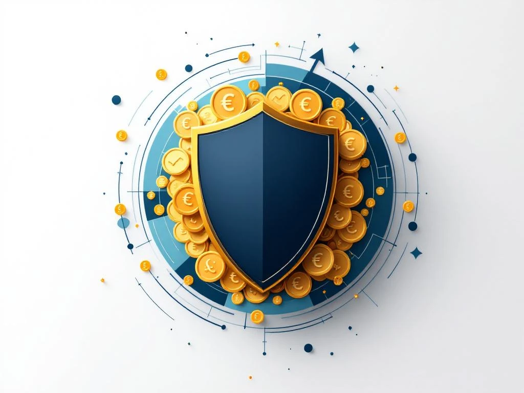 Marineblauer Schild schützt goldene Euro-Münzen vor digitalen Werbeelementen, mit Aufwärtstrend-Grafiken im Hintergrund