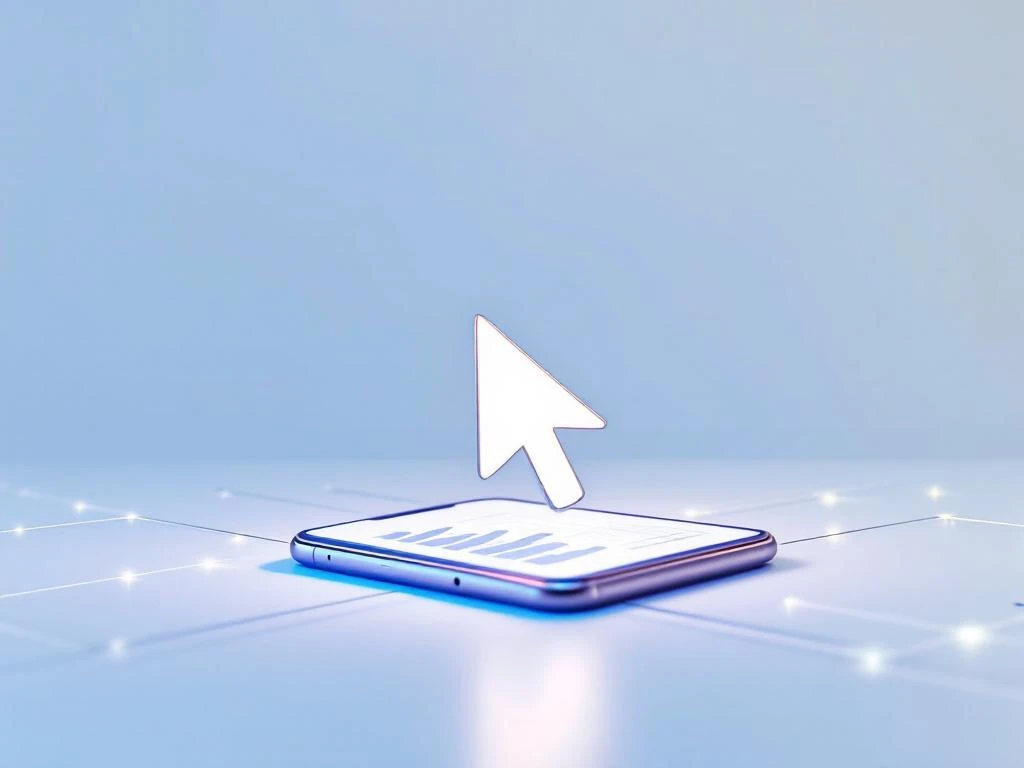 Großer leuchtender Cursor schwebt über Smartphone mit Analytik-Grafiken in blau-weißem minimalistischem Design