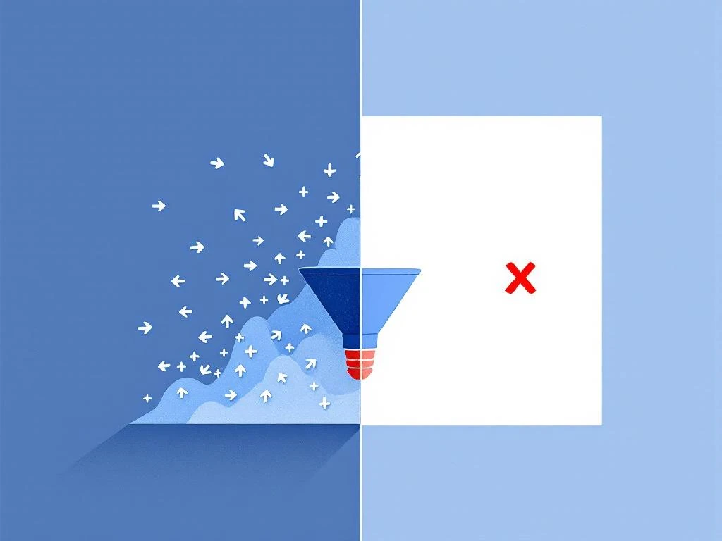 Split-Screen-Grafik: Links blaue Pfeile zu Trichter (hohe Klickrate), rechts leerer Raum mit rotem X (keine Conversions)