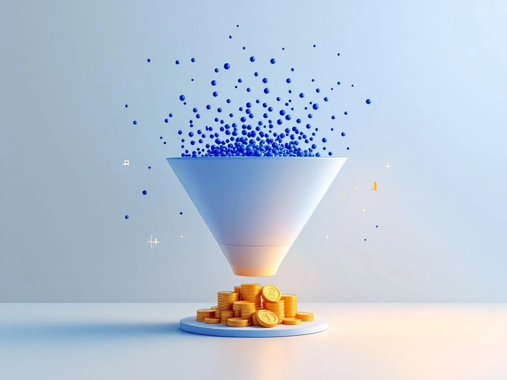 Trichterförmiges Diagramm zeigt blaue Punkte oben, wenige goldene Münzen unten, Analytics-Dashboard im Hintergrund