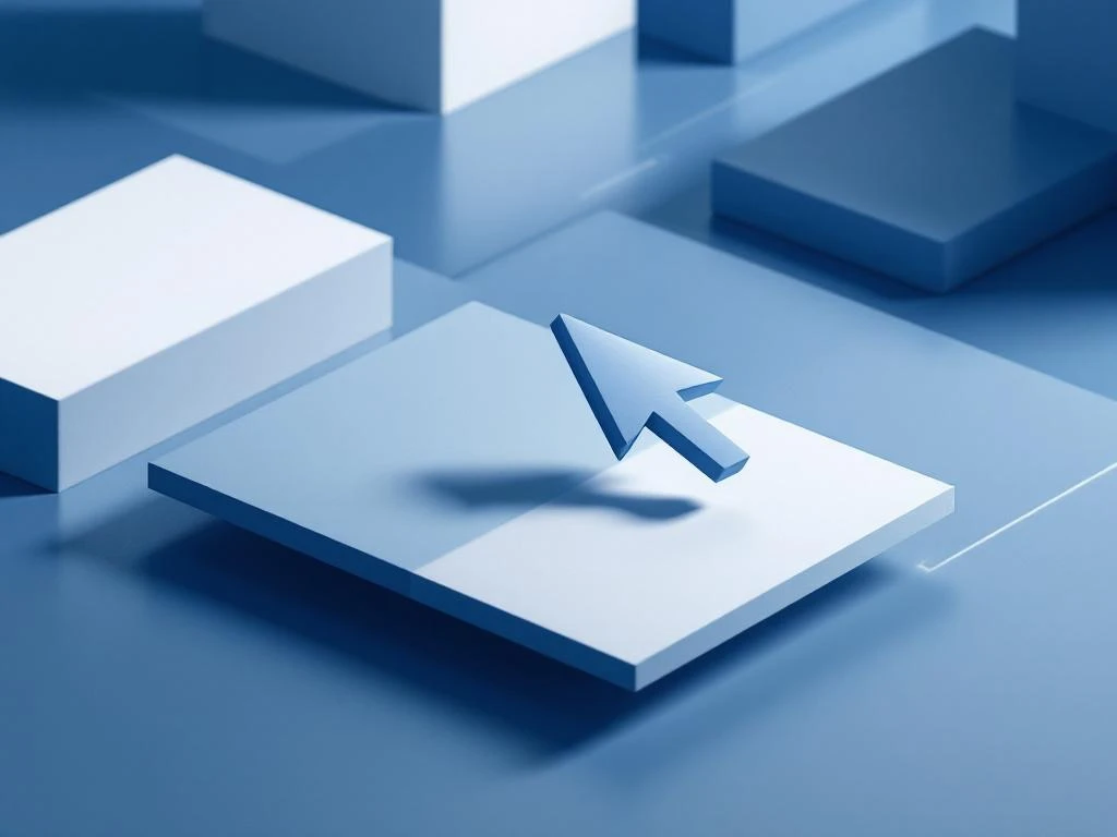 Computer-Cursor schwebt über geometrische Webseite und zeigt Rückzugsbewegung mit blauen und weißen Formen