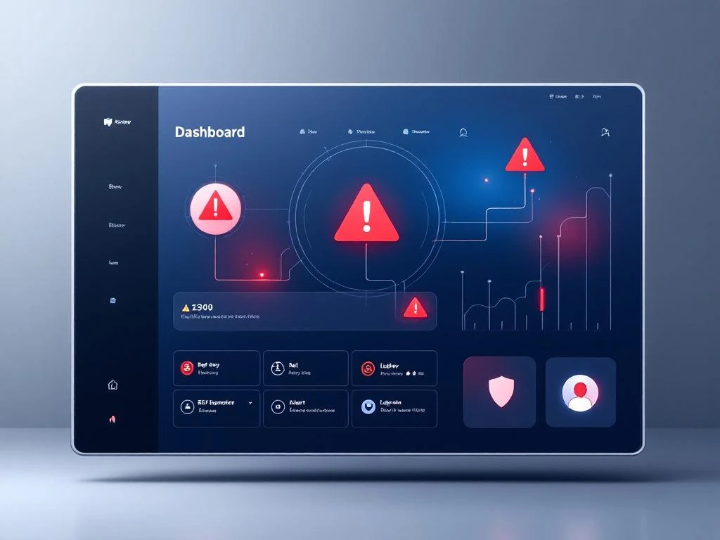 Digitales Dashboard mit roten Warndreiecken und Sicherheitssymbolen, das unterbrochene Datenflüsse anzeigt