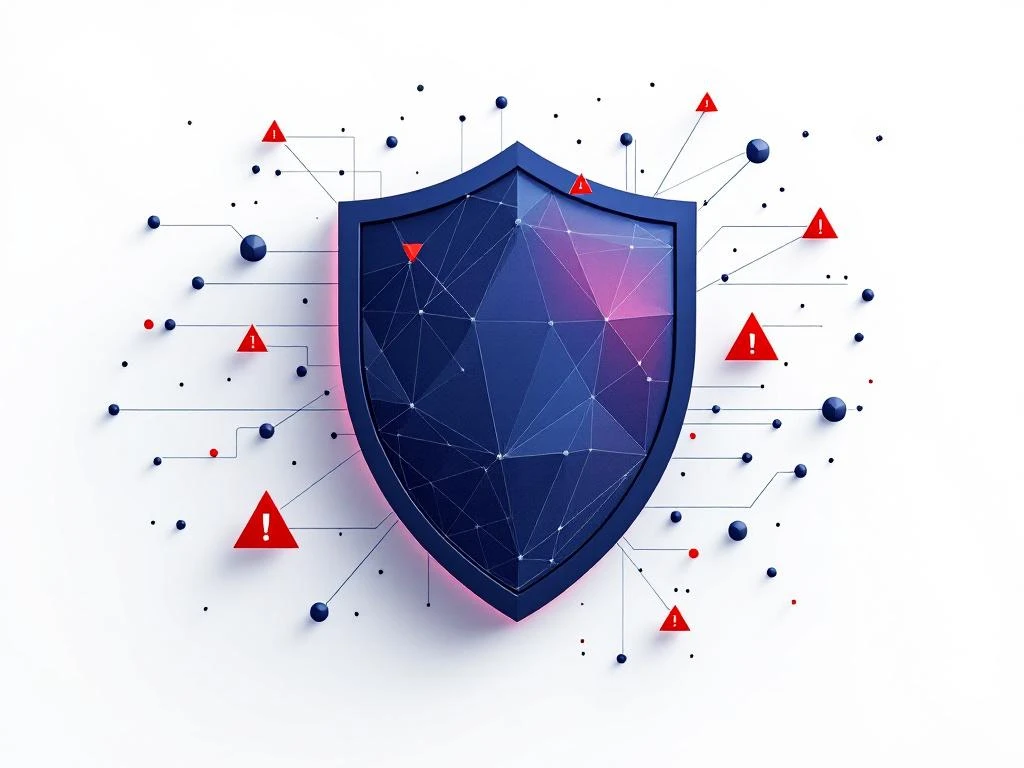 Cybersicherheits-Schild-Symbol in tiefblauem Farbverlauf mit roten Warndreiecken und Netzwerk-Verbindungslinien