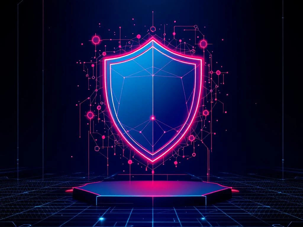 Digitales Schild-Symbol schützt vor roten Bot-Silhouetten auf blauem Gradient-Hintergrund mit Cyber-Netzwerk-Mustern