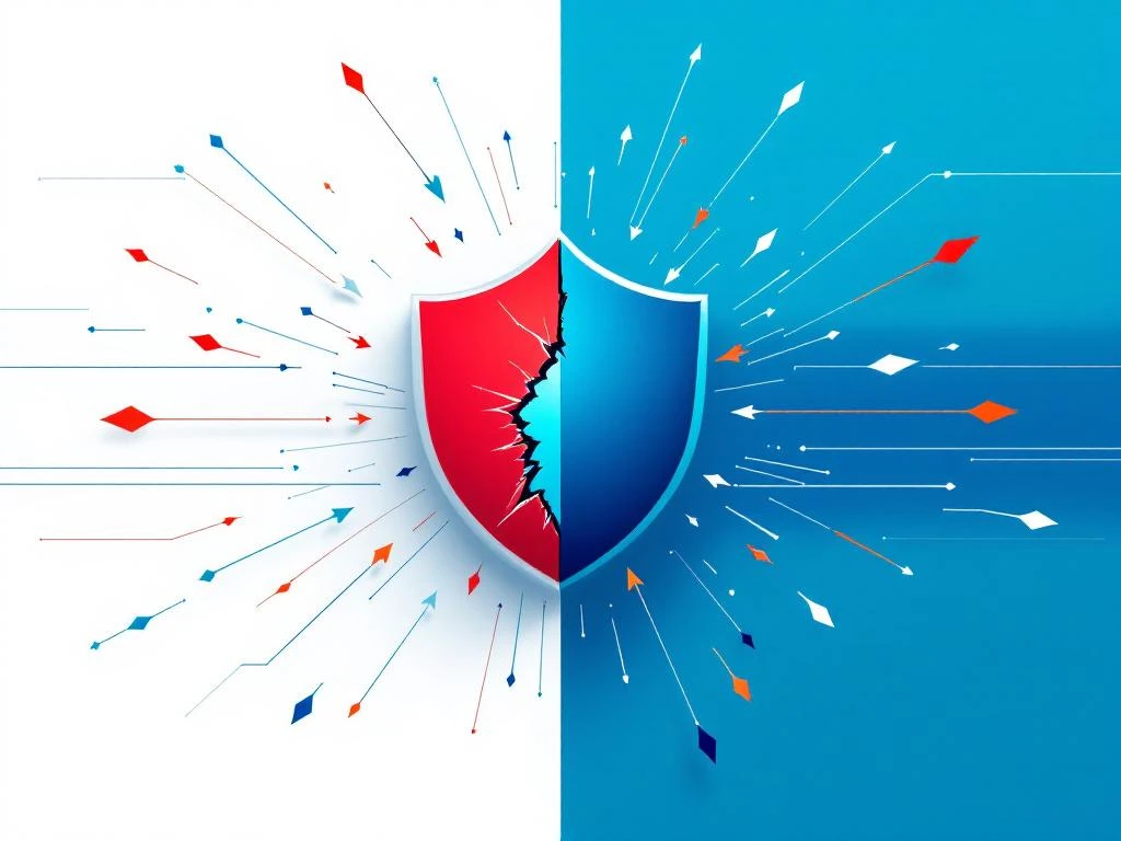 Zwei Schild-Symbole auf digitalem Schlachtfeld: blaues Schutzschild blockt Pfeile, rotes beschädigtes Schild wird durchdrungen