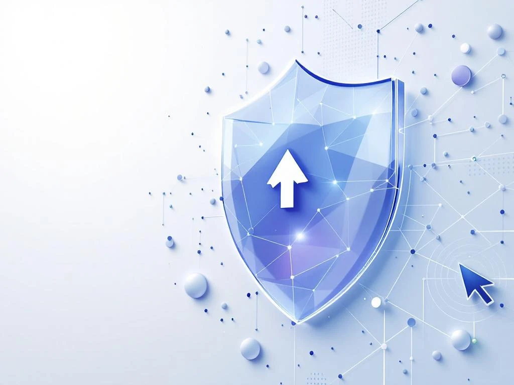 Transluzentes Schild-Symbol für Datenschutz mit geometrischen Elementen und Cursor-Zeiger auf weißem Hintergrund