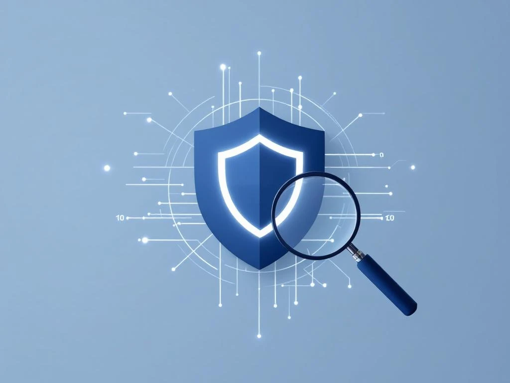 Dunkelblauer Schild-Symbol mit Lupe und Datenströmen auf weißem Hintergrund für digitale Sicherheitstechnologie