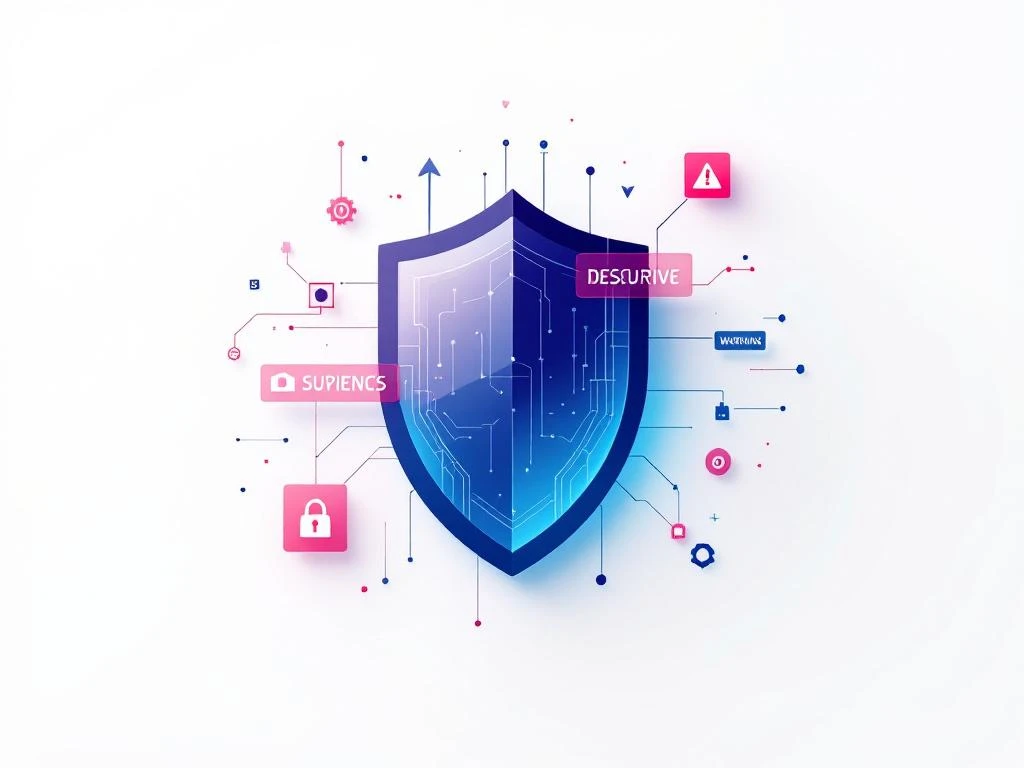 Digitales Sicherheitsschild-Symbol in Blautönen mit geometrischen Datenströmen und roten Warnhinweisen auf weißem Hintergrund