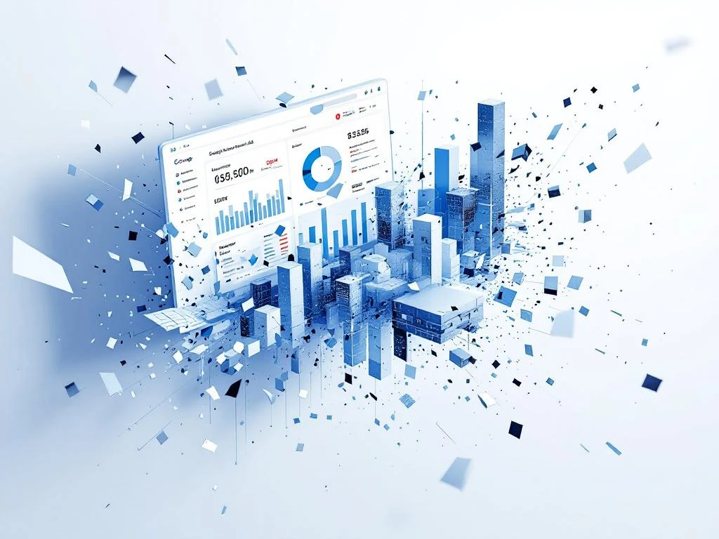 Google Ads Dashboard mit fehlerhaften, fragmentierten Datenvisualisierungen und Glitch-Effekten auf weißem Hintergrund