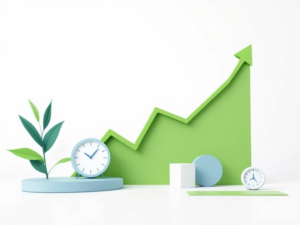 Grüner aufsteigender Gewinntrend-Graph mit Google Ads Interface und Timer-Element auf weißem Hintergrund