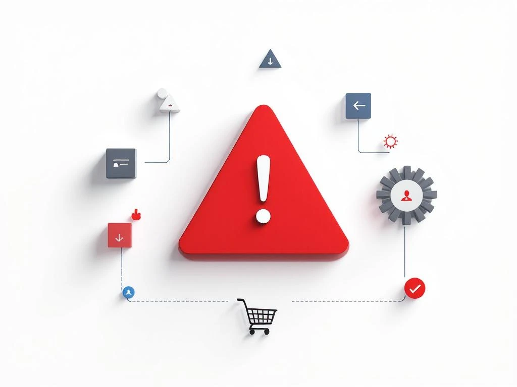 Rotes Warnsymbol mit Ausrufezeichen umgeben von Google Ads Elementen wie Anzeigenblöcken und Warenkorb-Icons