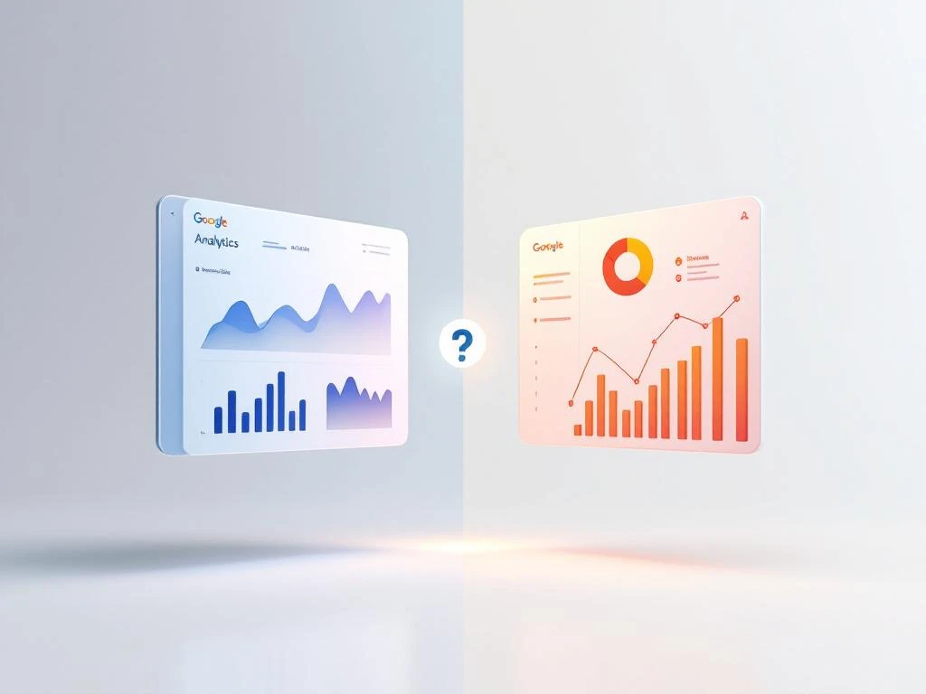 Split-Screen-Vergleich von Google Analytics Dashboard mit blauen Diagrammen und Google Ads Interface mit orangen Charts