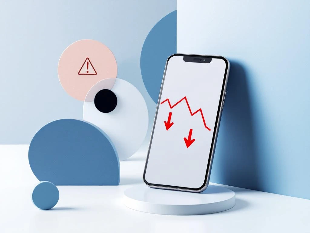 Smartphone mit rotem Abwärtstrend-Diagramm auf weißer Oberfläche, umgeben von blauen geometrischen Formen