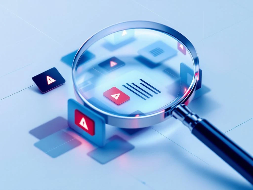 Lupe über digitalem Anzeigenraster mit roten Warnhinweisen zur Erkennung betrügerischer Klicks in der Werbung