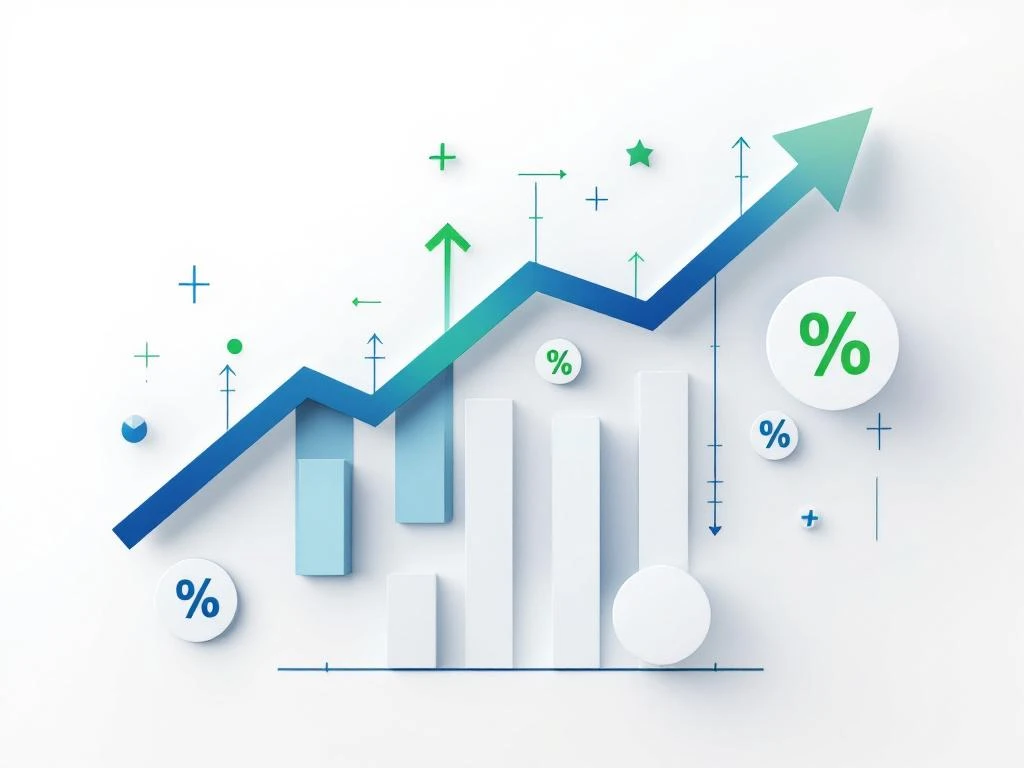 Minimalistische Datenvisualisierung mit Balkendiagrammen, Aufwärtspfeilen und Conversion-Rate-Prozentsätzen in Blau-Grün-Tönen