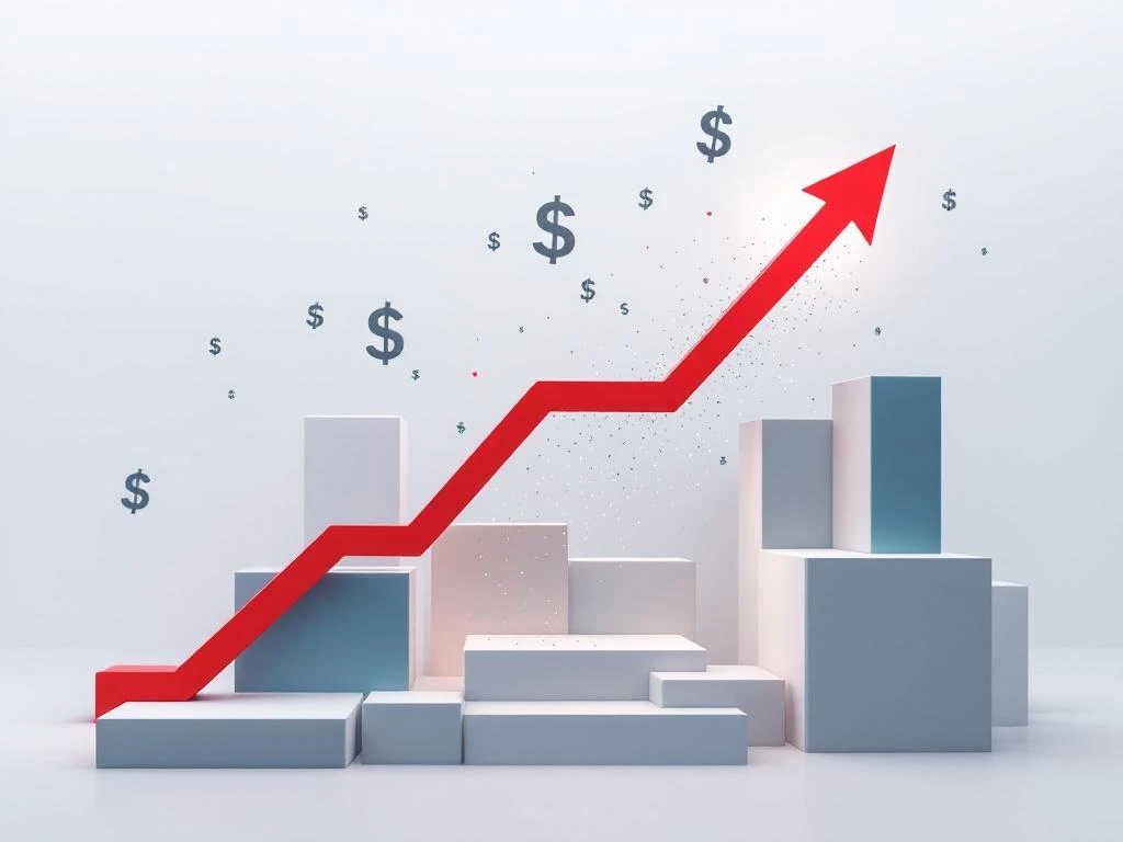 Roter Pfeil durchbricht geometrische Barrieren, umgeben von schwebenden Dollarsymbolen in minimalistischem Design