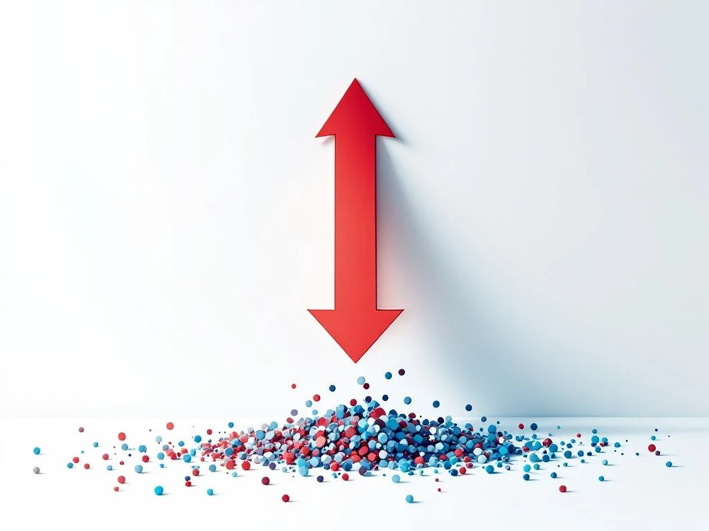 Roter Abwärtspfeil über verblassenden blauen Lead-Symbolen auf weißem Hintergrund zeigt sinkende Lead-Qualität