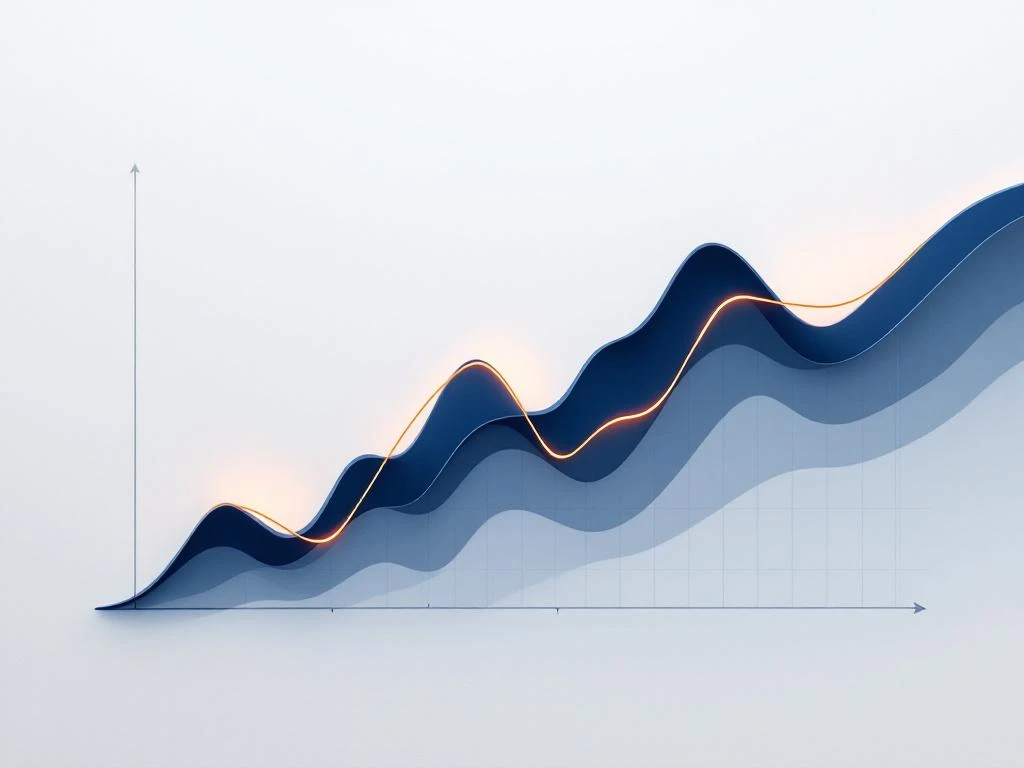 Minimalistischer Liniendiagramm mit dramatischen Höhen und Tiefen zeigt Leistungsschwankungen in Blau-Orange-Farbverlauf