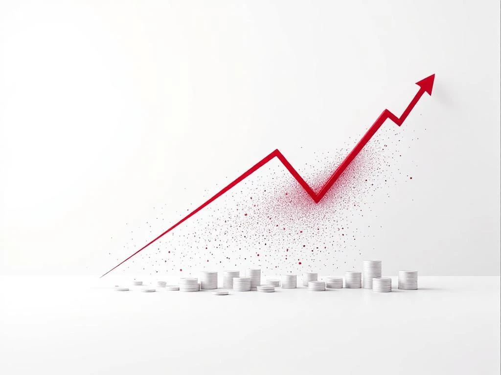 Roter Abwärtstrend-Graph mit sich auflösenden Investitionssymbolen zeigt sinkende ROI auf weißem Hintergrund
