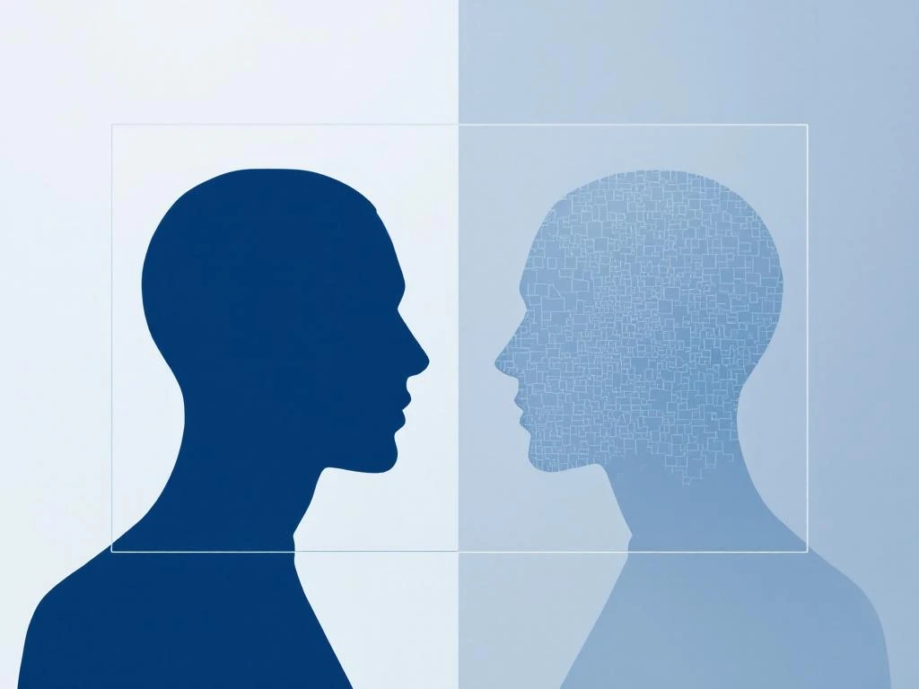 Geteilte Bildkomposition: blaue menschliche Silhouetten links, graue pixelige Bot-Formen rechts, getrennt durch Filter