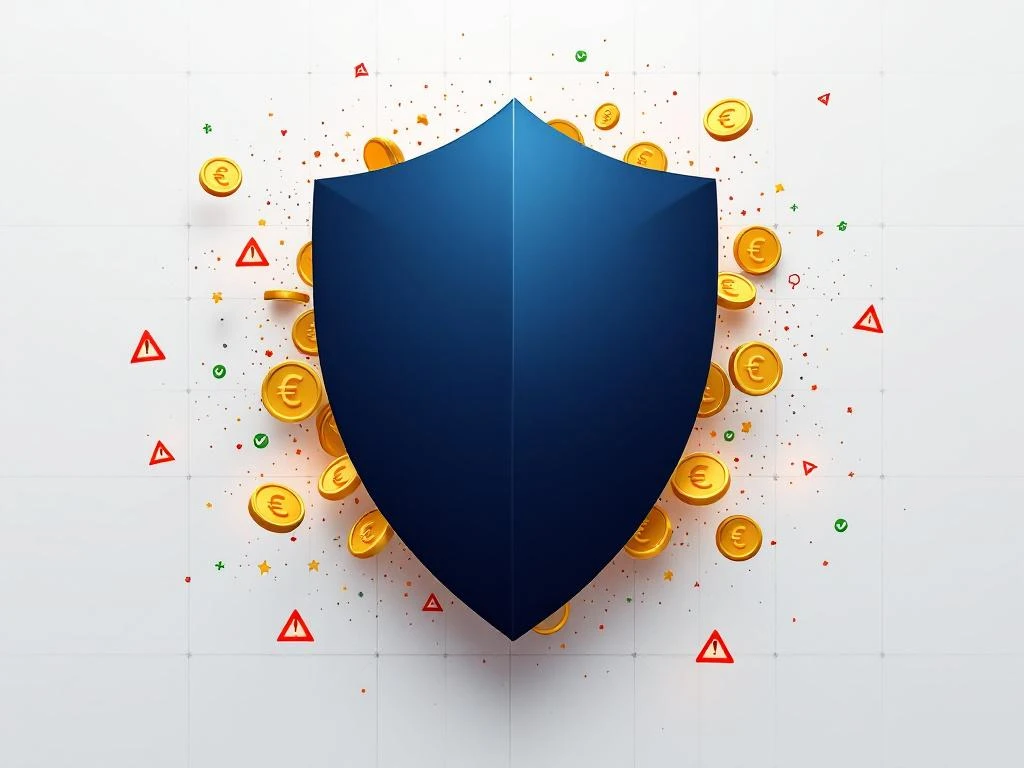 Marineblauer Schutzschild umgeben von goldenen Münzen und Euro-Symbolen für Versicherungsmarketing