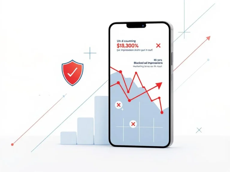 Smartphone-Display mit rückläufigen Diagrammlinien und Warnsymbolen zeigt blockierte Werbeanzeigen mit Schutzschild-Symbol