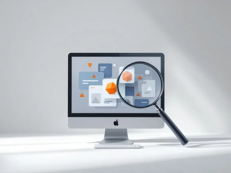 Lupe untersucht Computerbildschirm mit digitalen Anzeigen und deckt versteckte Bot-Muster in geometrischen Formen auf