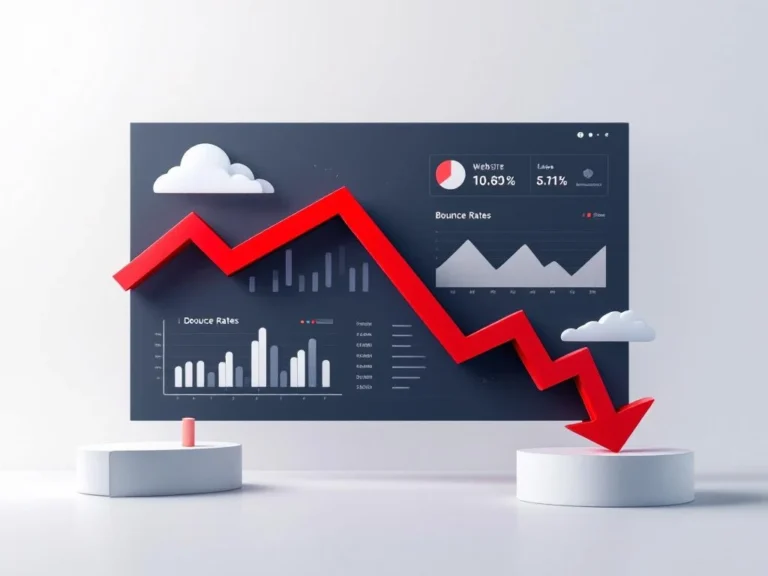 Analytics-Dashboard mit rotem Pfeil nach unten durch geometrische Diagramme, navy-weiße Farbpalette, Website-Metriken