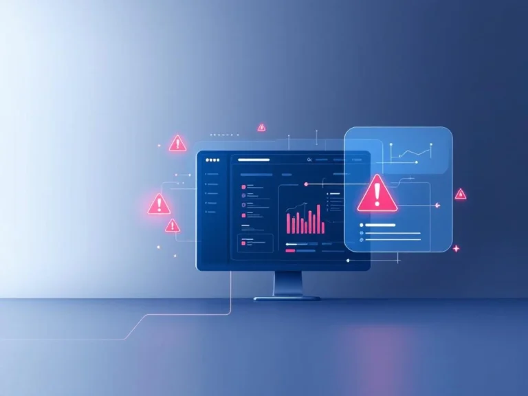 E-Commerce-Dashboard mit roten Bot-Erkennungswarnungen und geometrischen Sicherheitsindikatoren in blau-weißem Design