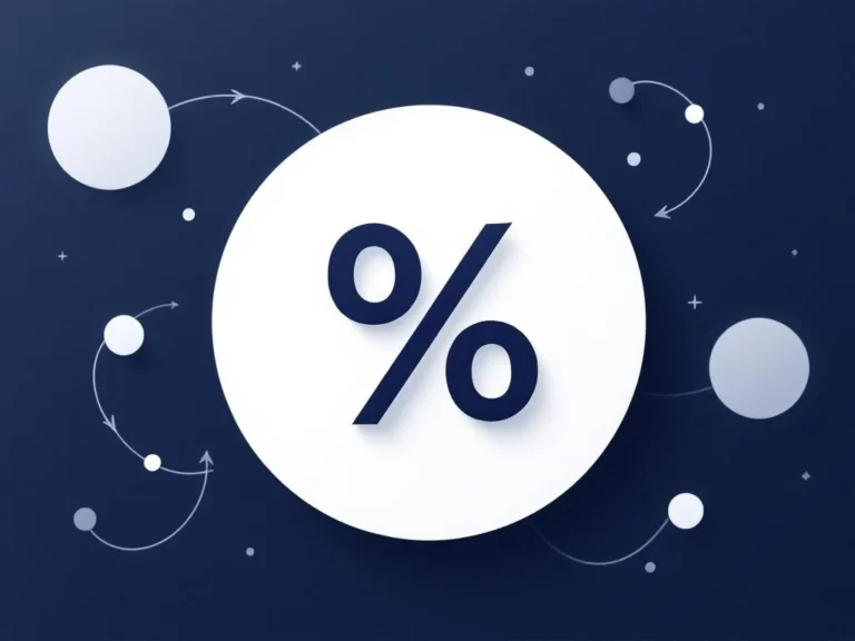 Großes Prozentzeichen in dunkelblau mit geometrischen Bot-Netzwerken und Verkehrsfluss-Pfeilen auf weißem Hintergrund