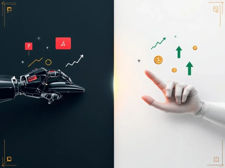 Geteilter Bildschirm zeigt Roboterhand mit Maus und roten Warnsymbolen links, menschliche Hand mit grünen Pfeilen und Goldmünzen rechts