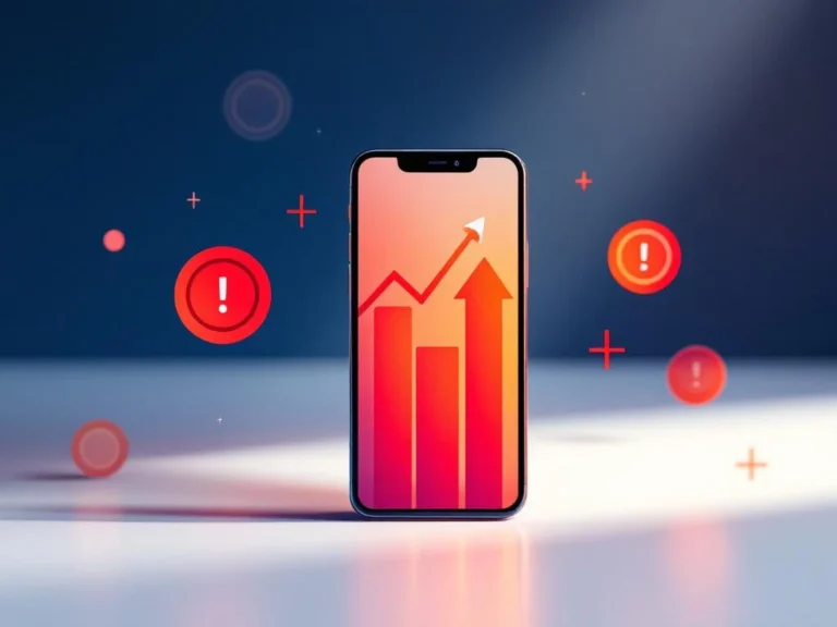 Smartphone mit roten Finanzdiagrammen und Warnsymbolen zeigt Auswirkungen von Klickbetrug auf blauem Hintergrund