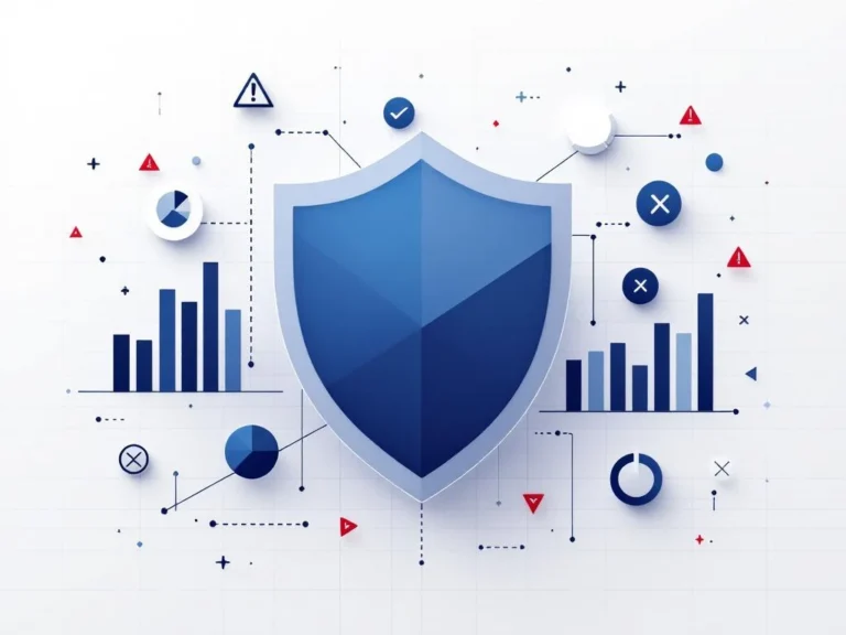 Digitaler Schutzschild in Blau umgeben von Datenvisualisierungen und roten Warndreiecken auf weißem Hintergrund