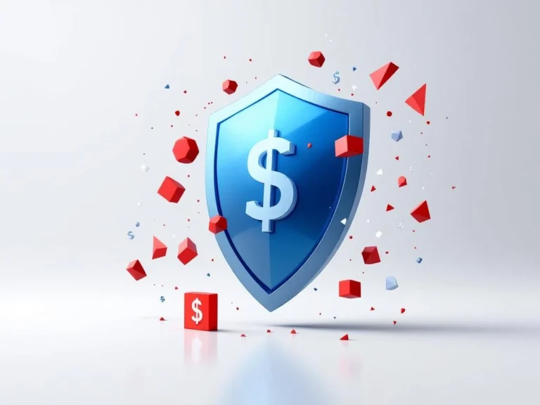 Blauer digitaler Schild schützt Werbebudget-Symbole vor roten gefälschten Klicks auf weißem Hintergrund