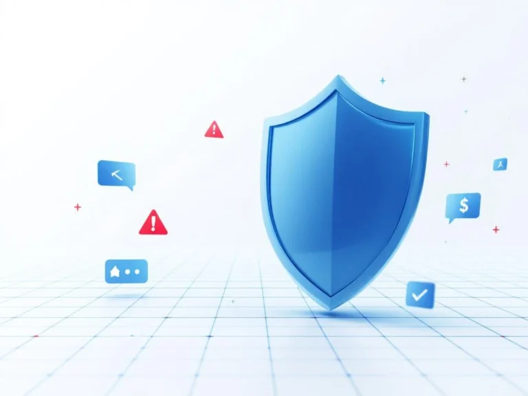 Blauer Schutzschild-Symbol umgeben von digitalen Werbeelementen und roten Warndreiecken auf weißem Hintergrund