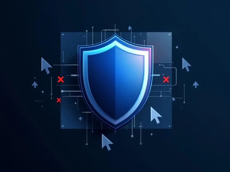 Blauer Schild-Symbol blockiert graue Cursor-Klicks mit roten X-Markierungen auf weißem Hintergrund für digitalen Werbeschutz