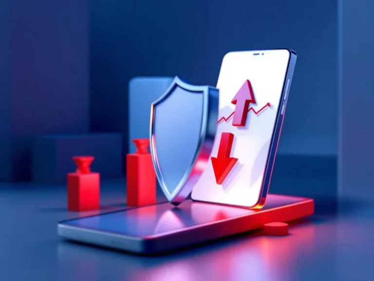 Smartphone mit rotem Abwärtstrend-Diagramm und Schutzschild-Symbol gegen ungültige Klicks in blau-silbernem Design