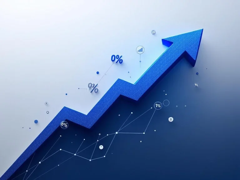 Blauer Aufwärtspfeil mit Prozentzeichen und Conversion-Funnel-Symbolen auf grauem Hintergrund für Marketing-Analytics