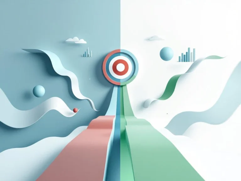 Zwei geometrische Pfade mit roten unterbrochenen und grünen fließenden Linien führen zu einem Zielsymbol mit Datenvisualisierung