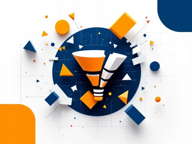 Kaputtes Analytics-Dashboard mit fragmentiertem Conversion-Funnel-Symbol und gelben Warnakzenten auf weißem Hintergrund