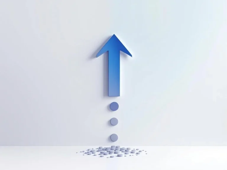 Blauer geometrischer Pfeil nach oben mit grauen Punkten darunter auf weißem Gradient-Hintergrund für Marketing-Tech