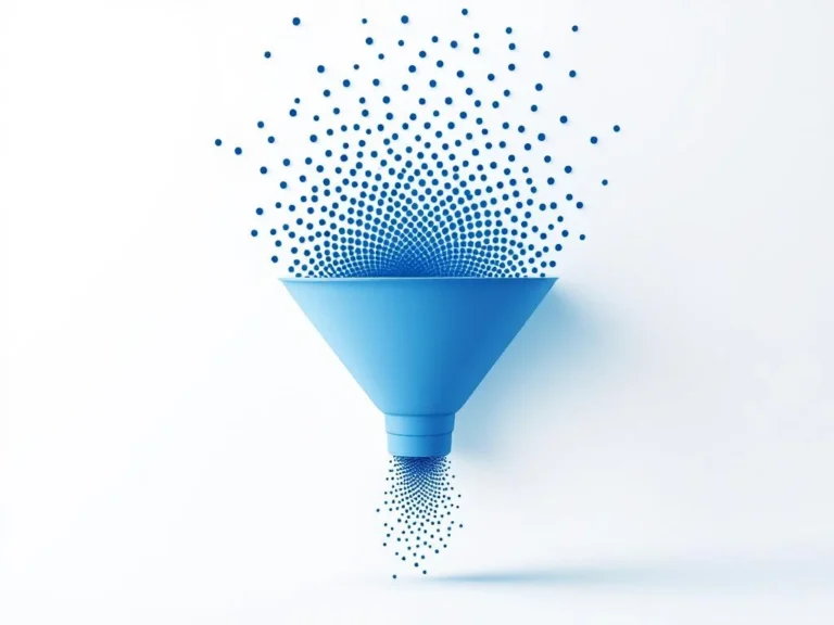 Trichter-Diagramm zeigt hohen Traffic-Eingang mit wenigen blauen Punkten am Ausgang, illustriert niedrige Conversion-Rate