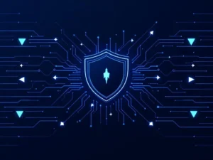 Digitaler Schild-Symbol in Cyan deflektiert geometrische Bot-Silhouetten auf dunkelblauem Hintergrund mit weißen Pfeilen