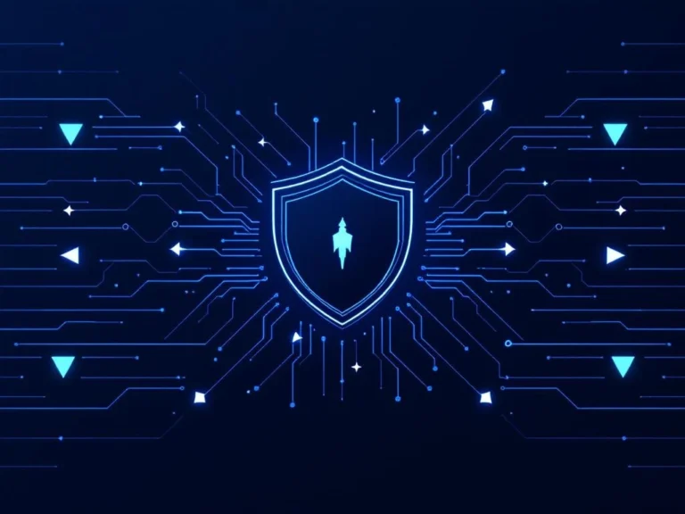 Digitaler Schild-Symbol in Cyan deflektiert geometrische Bot-Silhouetten auf dunkelblauem Hintergrund mit weißen Pfeilen