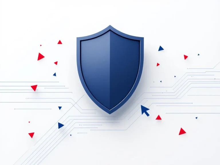 Blaues Schild-Symbol mit Mauszeiger, umgeben von roten Warndreiecken und geometrischen Formen für digitale Sicherheit