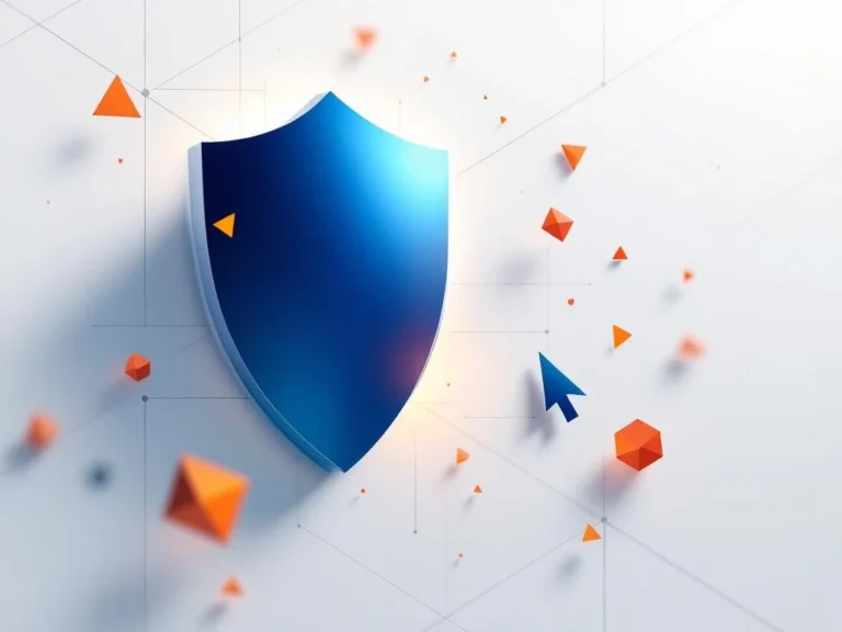 Digitaler Schutzschild in Blau deflektiert rote Bot-Formen mit Warndreieck-Symbolen auf weißem Hintergrund
