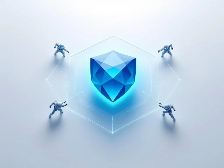 Geometrisches Schild-Symbol in blauem Farbverlauf deflektiert graue Bot-Silhouetten, umgeben von sechseckigem Schutzmuster